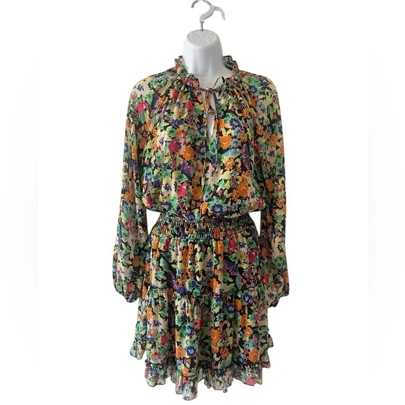 Lavender Brown Floral Mini Dress XS Black V Neck Tiered Long Sleeve - Picture 1 of 8